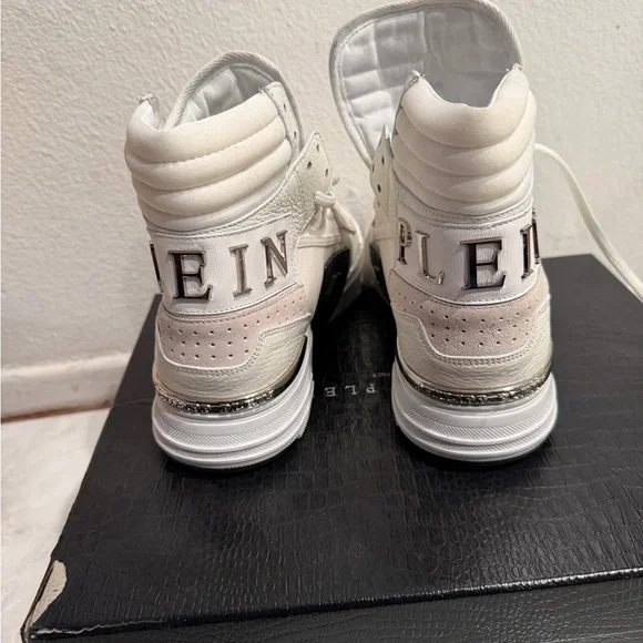 Philipp Plein White High-Top Sneakers Skull Logo Size 40